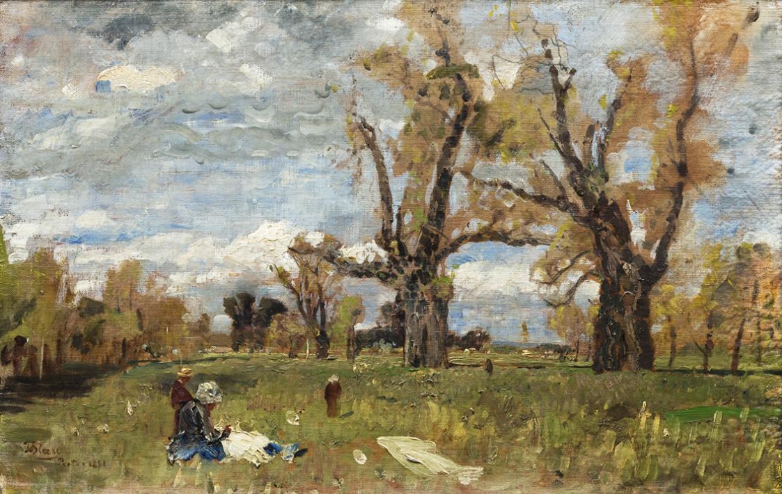 Tina Blau, Apriltag im Prater, 1881, Öl auf Leinwand, 32 × 50,5 cm, Privatbesitz, Deutschland,  ...