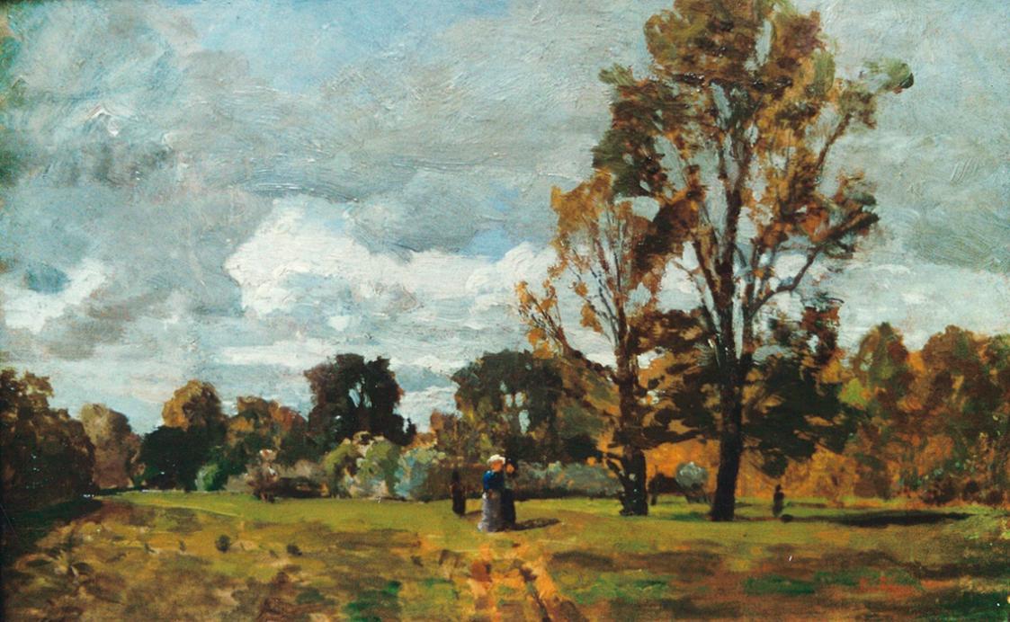 Tina Blau, Praterlandschaft, um 1890, Öl auf Mahagoni, 17,3 × 26,5 cm, unbekannter Verbleib