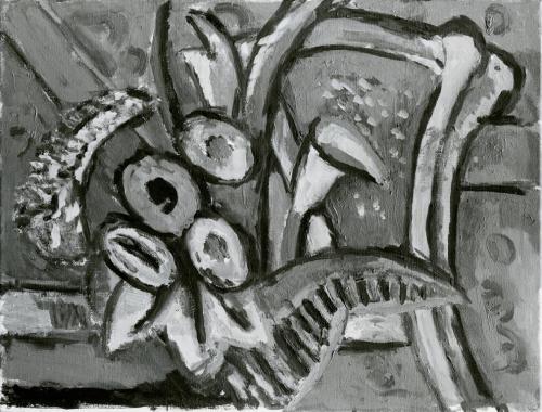 Alfred Wickenburg, Stillleben mit Sessel und Blumenstrauß, 1970, Öl auf Leinwand, 51,5 × 68,5 c ...