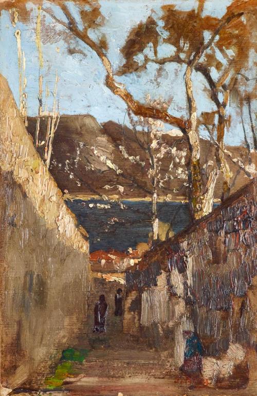 Tina Blau, Gässchen mit blühendem Baum (Malcesine), 1894/1902, Öl auf Holz, 26,8 × 17,7 cm, Leo ...