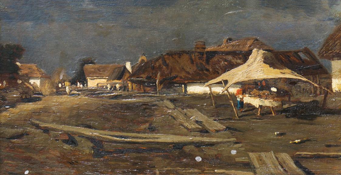 Tina Blau, Dorfstraße in Szolnok, 1873, Öl auf Holz, 12 × 23,5 cm, Privatbesitz, Wien