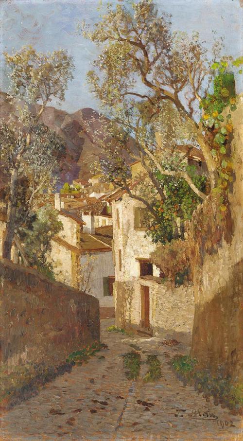 Tina Blau, Straße aus Malcesine, 1902, Öl auf Holz, 51,5 × 29 cm, Privatbesitz, Courtesy Auktio ...