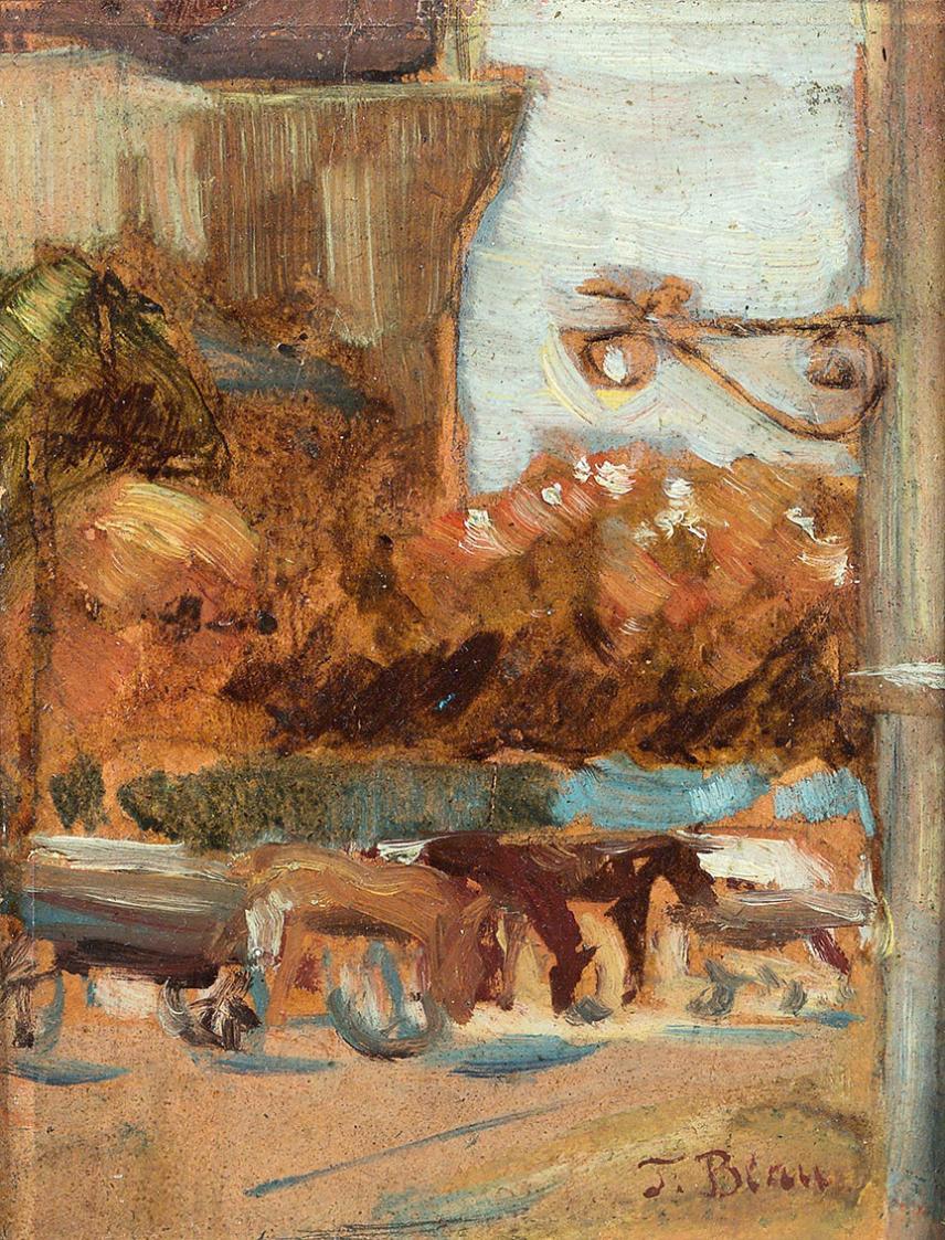 Tina Blau, Tiere am Hof, Öl auf Karton, 20 × 15,5 cm, Privatbesitz, Courtesy Auktionshaus im Ki ...