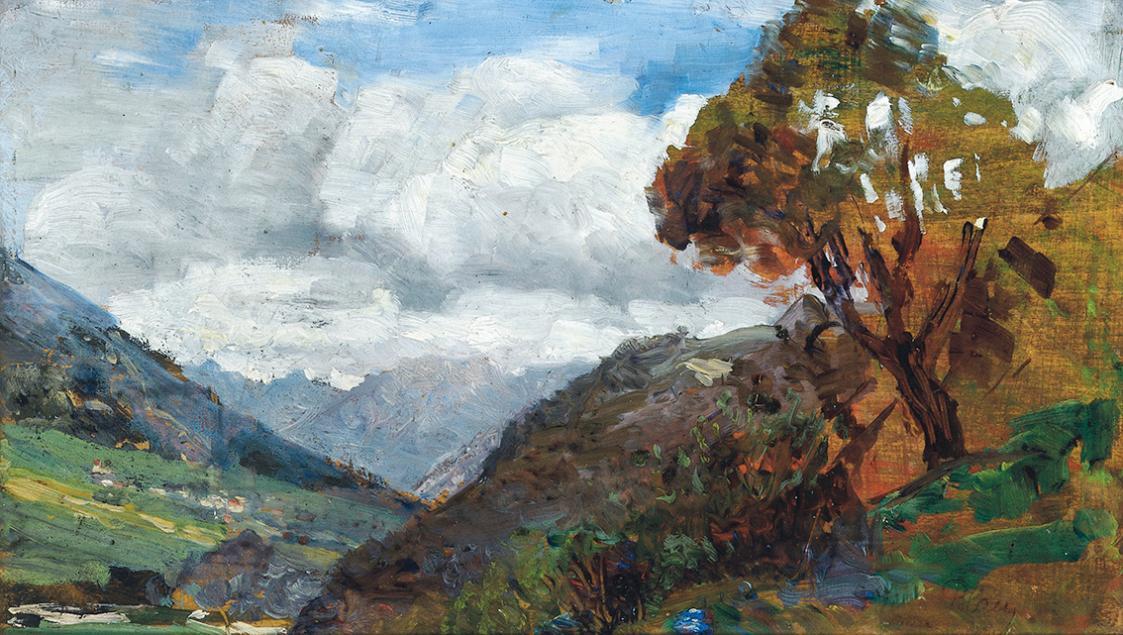 Tina Blau, Berglandschaft bei Oetz, Tirol, 1901, Öl auf Holz, 13 × 22 cm, Privatbesitz, Courtes ...