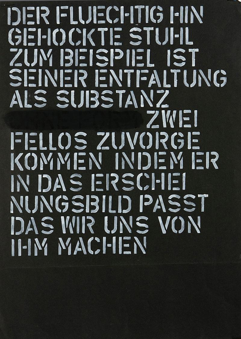 Kurt Hüpfner, Ohne Titel, 1976, Schablonenschrift mit Deckweiß auf schwarzem Papier, 59,4 × 42  ...