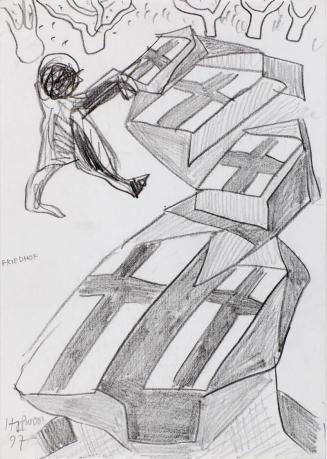 Kurt Hüpfner, Friedhof, 1997, Bleistift auf Papier, kaschiert auf Karton, 29,7 × 21 cm, Privatb ...
