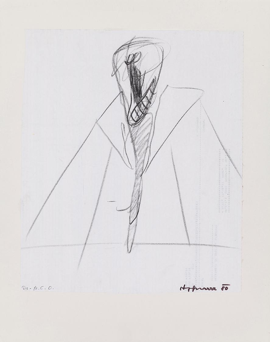 Kurt Hüpfner, Dr. fr. C.O., 1980, Schwarze Kreide auf Papier, kaschiert auf Karton, 34 × 29 cm, ...