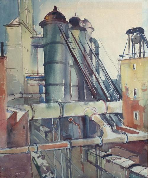 Otto Rudolf Schatz, Fabrik, 1928, Aquarell auf Papier, 47 × 39,5 cm, Privatbesitz