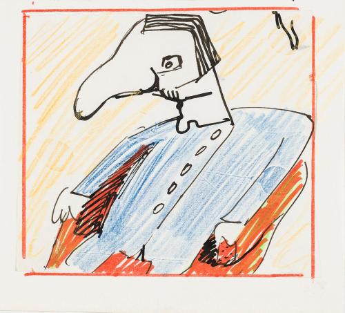 Kurt Hüpfner, Ohne Titel, um 1970, Buntstift, Tusche und Filzstift auf Papier, kaschiert auf Ka ...