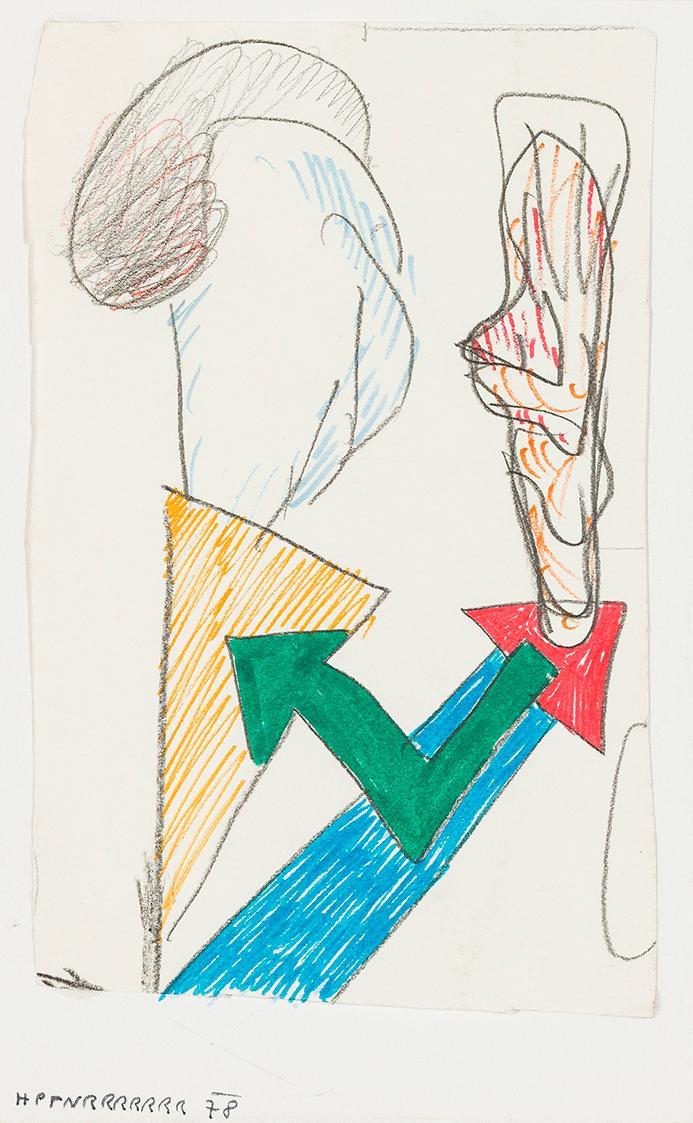 Kurt Hüpfner, Ohne Titel, 1978, Bleistift, Buntstift und Filzstift auf Papier, kaschiert auf Ka ...