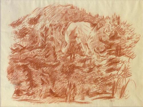 Alfred Wickenburg, Napoleonwiese, 1943, Rötel auf Papier, Blattmaße: 49,8 × 69,7 cm, Leihgabe a ...