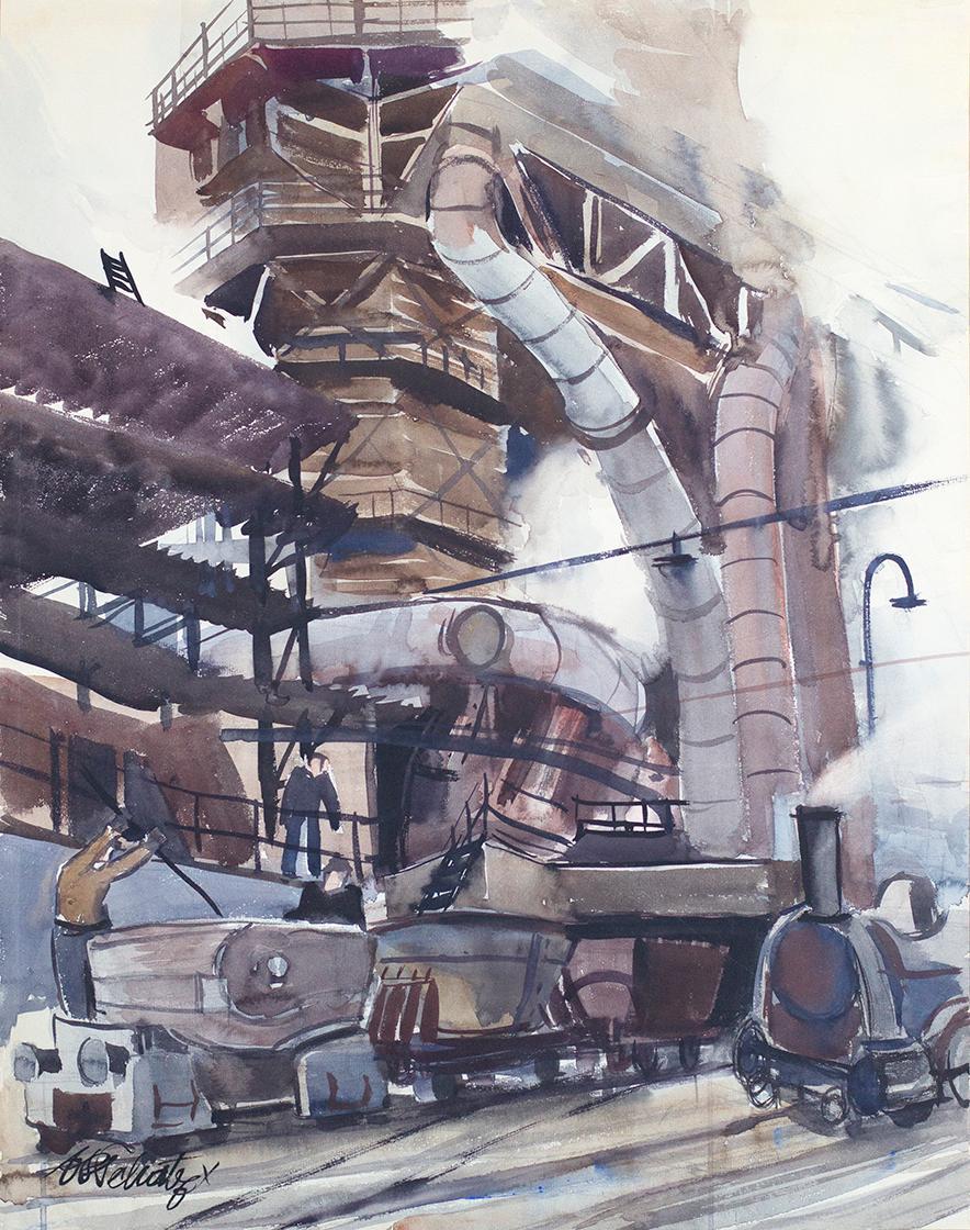 Otto Rudolf Schatz, Fabrik, um 1928, Aquarell auf Papier, 47 × 59 cm, Privatbesitz