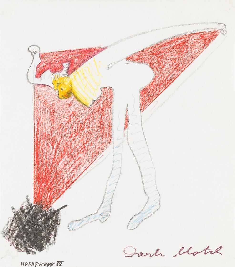 Kurt Hüpfner, Dark Match, 1982, Buntstift und Filzstift auf Papier, kaschiert auf Karton, 24 ×  ...