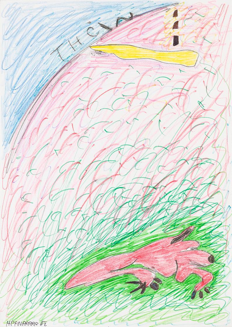 Kurt Hüpfner, Ohne Titel, 1982, Bleistift, Buntstift und Filzstift auf Papier, kaschiert auf Ka ...