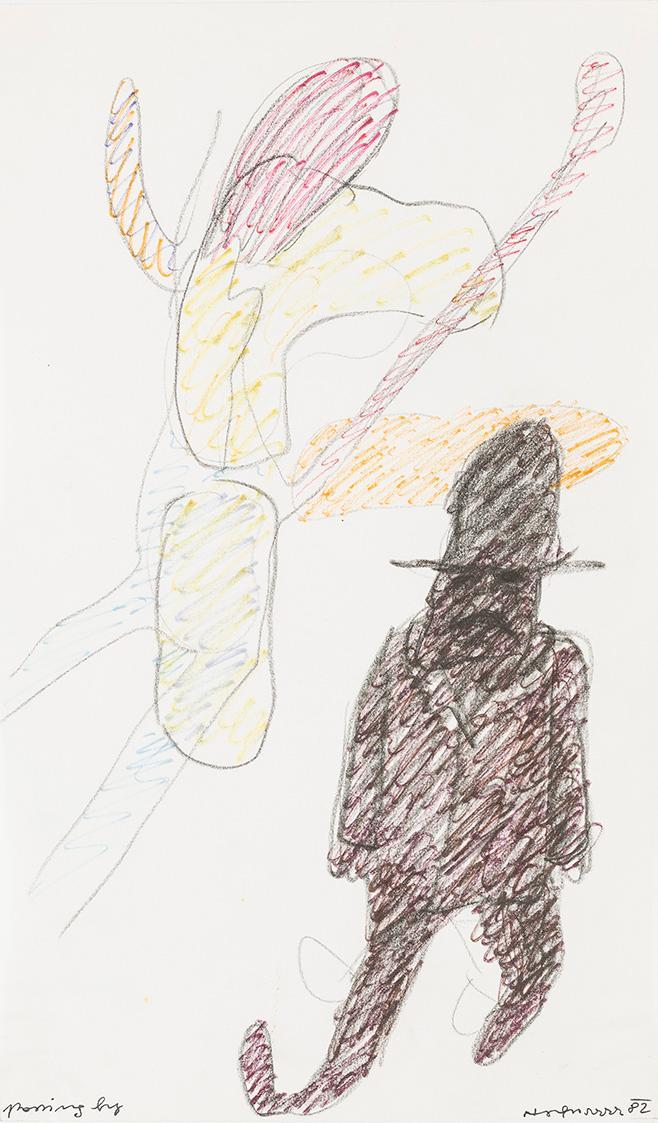 Kurt Hüpfner, passing by, 1982, Bleistift und Filzstift auf Papier, kaschiert auf Papier, 29,7  ...